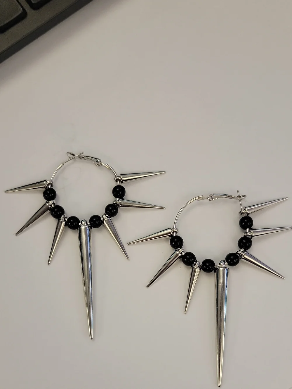 Fashion Jewelry Silver Spike Hoop Earrings with Black Beads - Picture 1 of 1